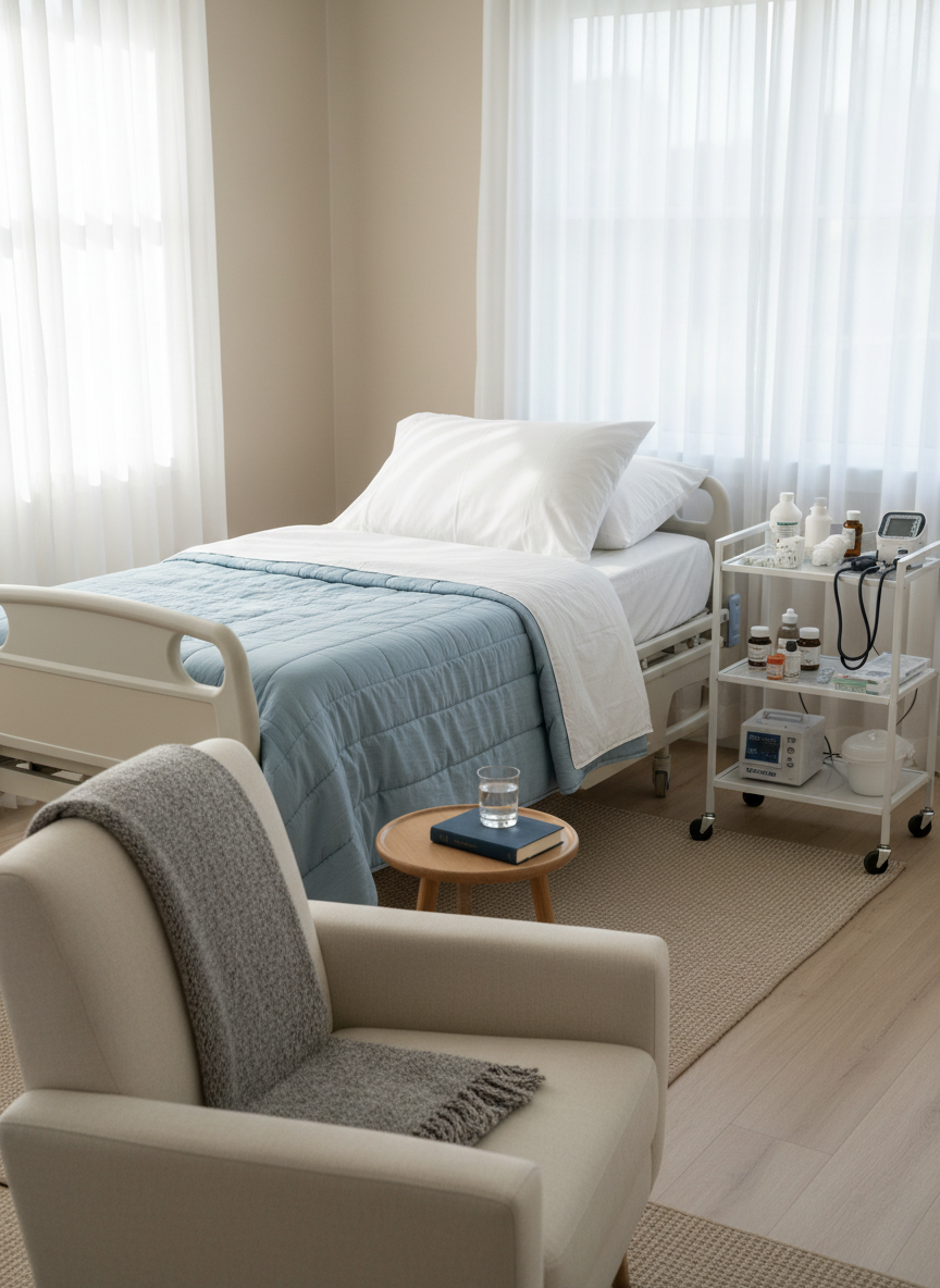 A bright, meticulously organized homecare living room setup, featuring a neatly made adjustable hospital-style bed with fresh white linens and a light blue comforter, positioned beside a compact medical supply cart stocked with neatly labeled equipment and medications. A plush armchair, folded blanket, and a small table with a glass of water and a closed book complete the comforting environment. Soft afternoon daylight filters through sheer curtains, casting diffused, gentle light across neutral-colored walls. The camera captures the room from a slightly elevated corner angle, with sharp focus throughout to highlight cleanliness and order. The photographic realism and modern, minimalist aesthetic create a mood of safety, dignity, and independence, without including any human figures.