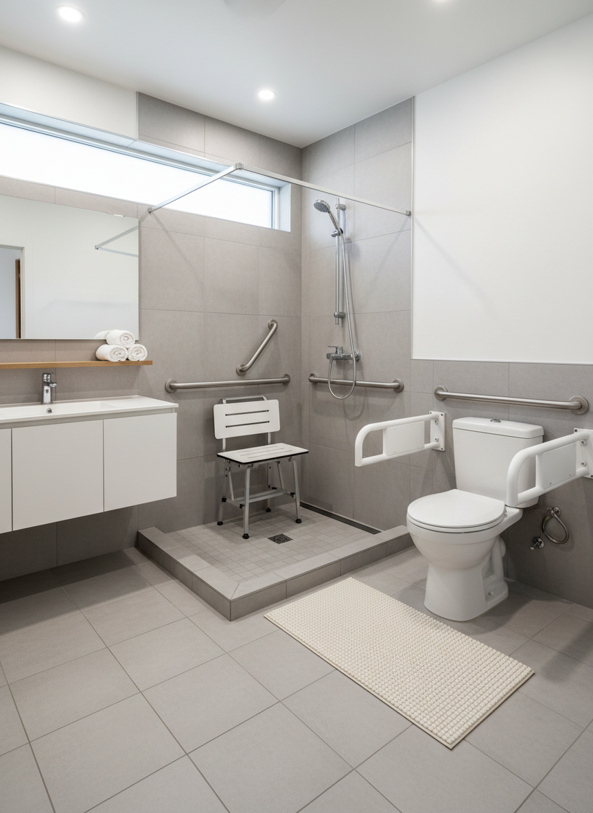 A spotless, well-equipped home bathroom adapted for safe homecare, featuring a walk-in shower with a sturdy built-in seat, stainless steel grab bars, and an adjustable handheld showerhead. A raised toilet with side rails and a non-slip, textured floor mat are carefully arranged to emphasize accessibility. The room is finished with light gray tiles, a large fog-free mirror, and soft white towels folded neatly on a shelf. Bright, even overhead lighting and subtle natural light from a high frosted window combine to create a clean, clinical yet homely feel. Shot in photographic realism from a wide, eye-level angle, the entire space is in focus, conveying safety, independence, and thoughtful preparation, with no people present in the scene.
