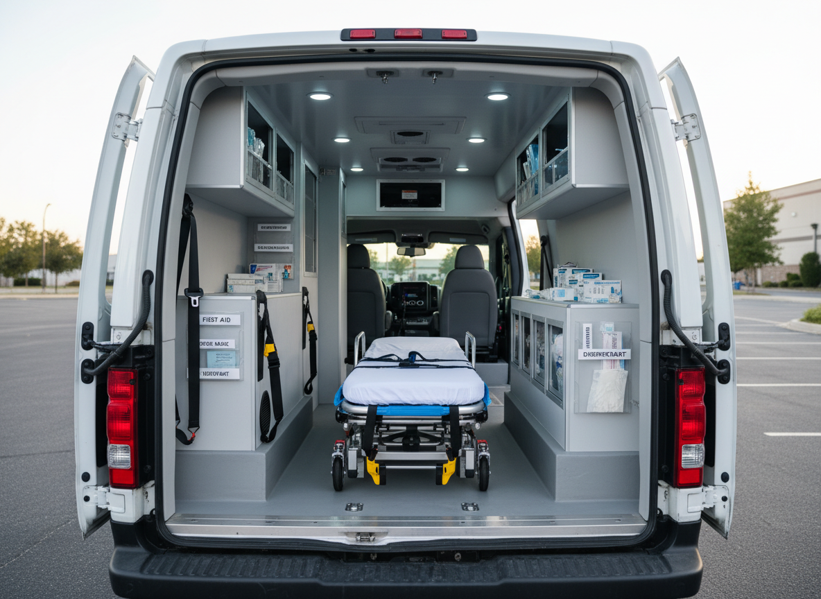 The interior of a specialized non-emergency medical transport vehicle shown from the rear doors, fully open, revealing an impeccably clean, spacious cabin. A secured empty stretcher with crisp white padding, wheelchair restraint systems, emergency supplies in clear, labeled compartments, and neatly coiled safety belts are all visible. Cool, even LED lighting inside contrasts with soft daylight outside, emphasizing sterility and organization. The photographic image is composed with a centered perspective down the length of the van, creating a sense of depth and readiness. The mood is professional and reassuring, suggesting reliability and preparedness for patient transport, with no people present anywhere in the scene.