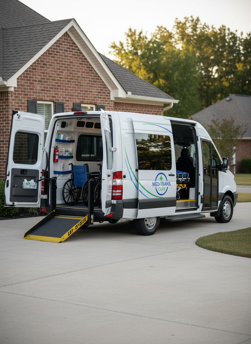 A modern, wheelchair-accessible non-emergency medical transport van parked neatly in front of a small, tidy brick home. The van is white with subtle blue and green medical-style graphics, a clean company logo, and a lowered ramp extended to the driveway. Inside, the interior is visible with neatly secured empty wheelchairs, sanitized surfaces, and organized safety equipment. Soft late-morning natural light illuminates the scene, creating gentle reflections on the van’s windows and a calm, reassuring atmosphere. Photographed at eye level in photographic realism with a sharp focus on the vehicle and a softly blurred suburban neighborhood background, conveying reliability, professionalism, and comfort without any people present.
