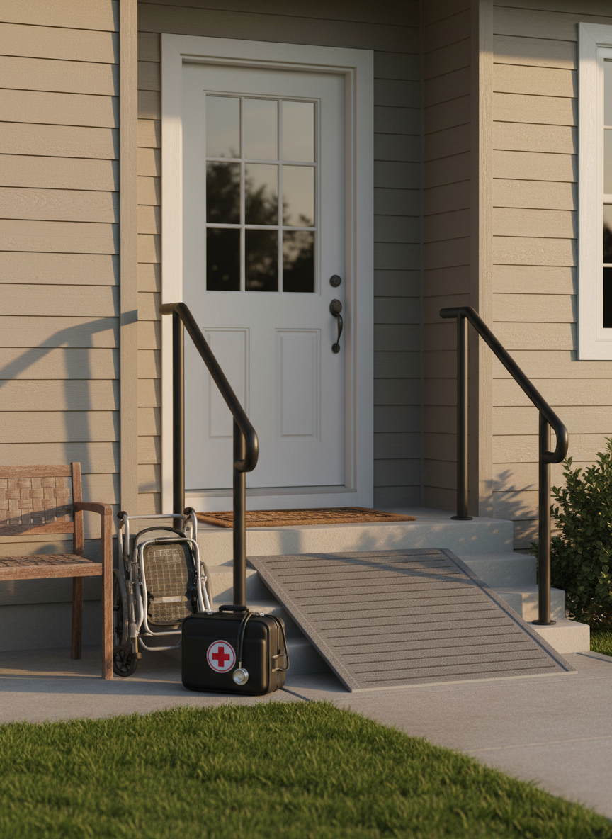 A quiet residential home entryway prepared for homecare, featuring a clean, wide front door with a sturdy handrail, a non-slip ramp over the steps, and a neatly placed welcome mat beside a small bench. Next to the door sits a folded, empty lightweight wheelchair and a compact medical bag with a visible stethoscope draped over it. Soft golden hour sunlight bathes the scene, creating long, gentle shadows and a welcoming glow on the neutral siding of the house. Photographed from a low, slightly angled perspective in photographic realism, the composition uses the rule of thirds to balance the ramp and door, evoking accessibility, readiness, and comfort without any people present.